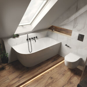 Eck-Badewanne CALDERA 1600 L, Einbau links, ovale Innenform (1600×750×580 mm), 250 Liter, glänzend, weiß