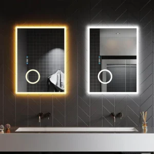 Badezimmerspiegel mit Beleuchtung Anti-Beschlag LED Touchschalter, Uhr, Temperatur, 3-Fach Vergrößerung, 60 cm