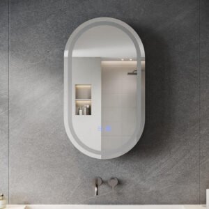 Spiegelschrank Bad mit Beleuchtung und Steckdose LED Spiegelschrank mit Touch-Schalter, Dimmbar, 3 Einstellbare Lichtfarben Beschlagfrei Oval Badezimmer Wandschrank, 40x70 cm Mattschwarz