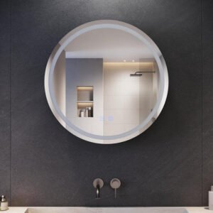 Badezimmer spiegelschrank mit Beleuchtung 3 einstellbar Lichtfarben Beschlagfrei Rund Spiegelschrank Bad mit Steckdose, Badschrank mit Spiegel und Ablage, Medizinschrank 60cm Dunkelgrau