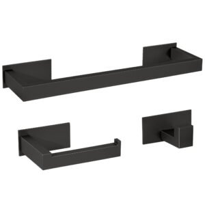 Accesorios de baño adhesivos pegados sin taladro negro mate cuadrados Toallero 40cm+ Percha+ Portarollos