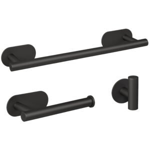 Accesorios de baño adhesivos pegados sin taladro negro mate Toallero 40cm+ Percha+ Portarollos