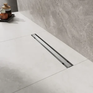 Eckstein Edelstahl Duschrinne 30-100cm, Komplettset Ablauf 360° Drehbar, Schlank Schmal 15 mm Platte, mit Geruchsstop, Haarsieb - Randablauf