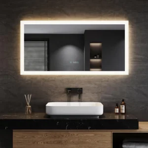 Badezimmerspiegel mit Beleuchtung 120x60 cm, 3 einstellbare Lichtfarbe, Anti-Beschlag LED Badspiegel Lichtspiegel Wandspiegel mit Touchschalter, Uhr, Temperatur